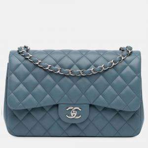 Pre Owned Chanel Classic Double Flap Jumbo Blue Lambskin Shoulder Bag
