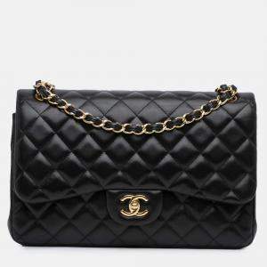 Pre Owned Chanel Classic Double Flap Jumbo Black Lambskin Shoulder Bag