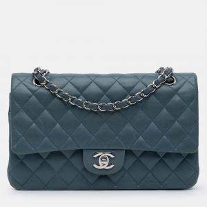 Pre Owned Chanel Classic Double Flap Medium Blue Lambskin Shoulder Bag