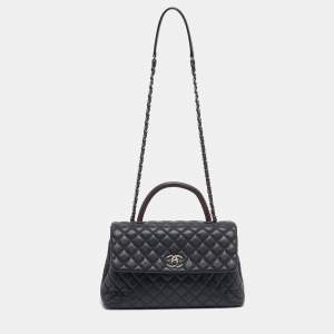 Pre Owned Chanel Navy Blue Caviar Leather and Lizard Medium Coco Top Handle Bag