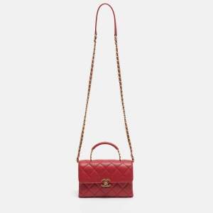 Pre Owned Chanel Red Quilted Caviar Leather Carry Me Top Handle Bag