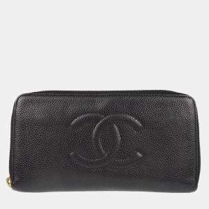 Pre Owned Chanel Zip Around Black Calfskin Long Wallet