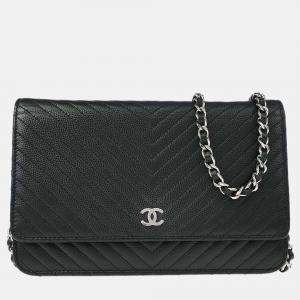Pre Owned Chanel Chevron Black Caviar Leather Wallet on Chain