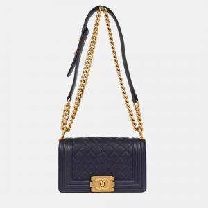 Pre Owned Chanel Boy Small Navy Leather Calfskin Chain Shoulder Bag