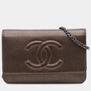 Chanel Brown CC Metallic Caviar Wallet On Chain