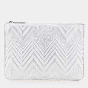 Chanel Silver Medium Metallic Chevron Calfskin O Case Clutch