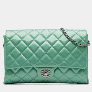 Chanel Green Quilted Patent New Clutch on Chain