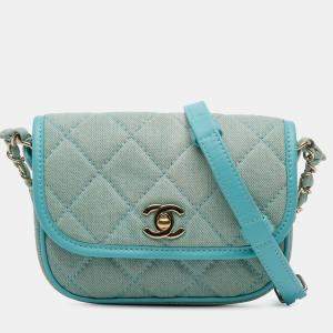 Pre Owned Chanel Blue Mini CC Quilted Denim Messenger Flap