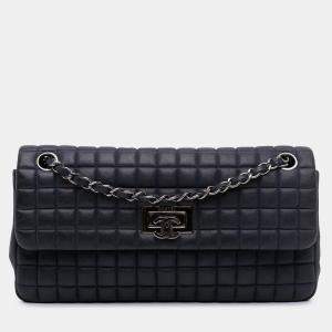 Pre Owned Chanel Navy Blue Chocolate Bar Iridescent Calfskin Bubble Flap