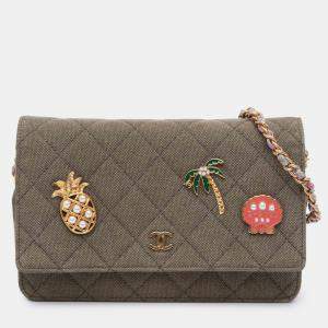 Pre Owned Chanel Brown Quilted Canvas Coco Cuba Charms Wallet On Chain