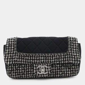 Pre Owned Chanel Black White Medium Quilted Jersey and Tweed Chain Flap
