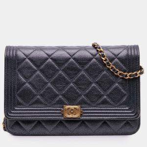 Pre Owned Chanel Black Quilted Lambskin Boy Wallet On Chain