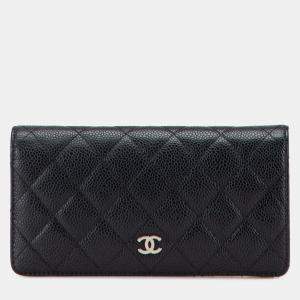 Pre Owned Chanel Black CC Quilted Caviar Long Wallet