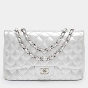 Pre Owned Chanel Silver Quilted Leather Jumbo Classic Single Flap Bag