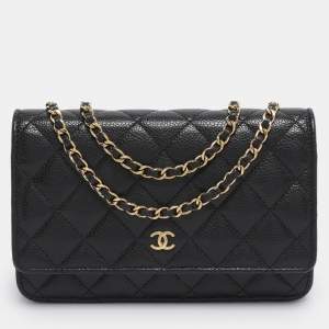 مملوكة مسبقًا محفظة بسلسلة شانيل جلد كافيار مبطن سوداء