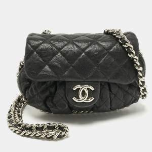 Pre Owned Chanel Black Quilted Aged Leather Chain Around Crossbody Bag