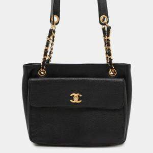 Pre Owned Chanel CC Logo Black Caviar Leather Chain Tote Bag