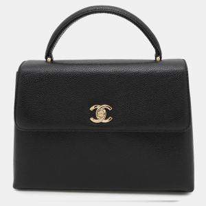 Pre Owned Chanel CC Logo Black Caviar Leather Top Handle Bag