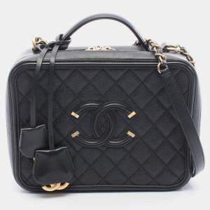 Pre Owned Chanel Cc Filigree Matelasse Vanity Chain Shoulder Bag Calfskin Black Ghw