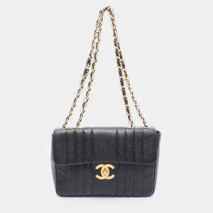 Pre Owned Chanel Mademoiselle Jumbo CC Calfskin Black Chain Shoulder Bag 