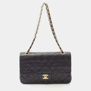 Pre Owned Chanel Matelasse Double Flap Shoulder Bag Lambskin Black Ghw