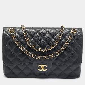 Pre Owned Chanel Black Quilted Caviar Leather Jumbo Classic Double Flap Bag
