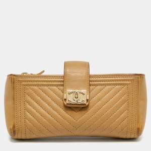 Pre Owned Chanel Beige Chevron Leather Boy Phone Holder Pouch 