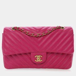 Pre Owned Chanel Pink Medium Classic Chevron Lambskin Double Flap