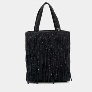 Pre Owned Chanel Black Mini Suede Studded Fringe Tote