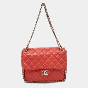 Pre Owned Chanel Red Quilted Leather Chain Around Flap Bag