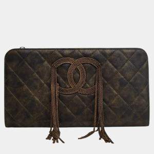 Pre Owned Chanel Black Metallic Lambskin CC Chain Fringe Clutch