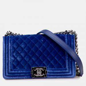 Pre Owned Chanel Blue Old Medium Quilted Velvet Boy Flap