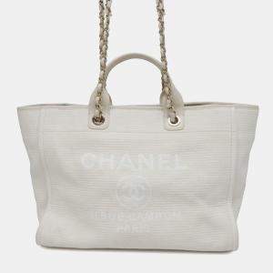 Pre Owned Chanel White Medium Canvas Square Stitch Deauville Tote
