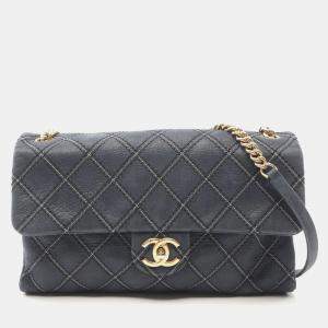 Pre Owned Chanel Metallic Stitch Navy Calfskin Leather Flap Bag