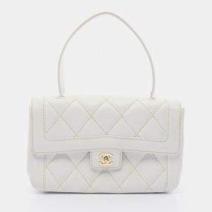 Pre Owned Chanel Wild Stitch White Leather Top Handle Handbag