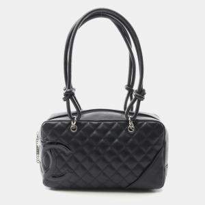Pre Owned Chanel Cambon Bowling Bag Shoulder Leather Patent Leather  Black