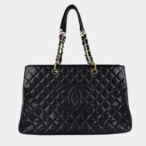 Pre Owned Chanel Shoulder Bag Tote Caviar Leather Black Gold