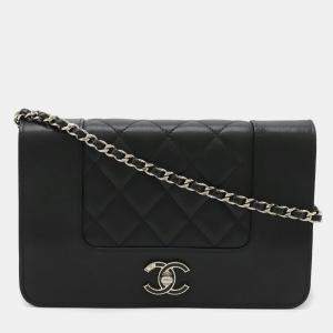 Pre Owned Chanel Mademoiselle Matelasse Chain Wallet Shoulder Bag Pochette Leather Black