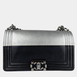 Pre Owned Chanel Boy Black Silver Leather Shoulder Bag