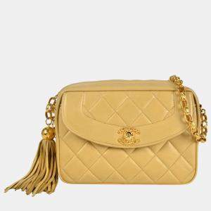 Pre Owned Chanel Shoulder Bag Lambskin Beige Diana Flap Coco Mark