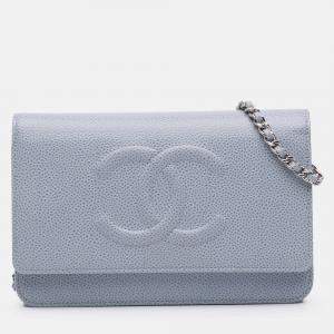 Pre Owned Chanel Blue CC Caviar Wallet On Chain
