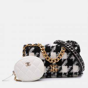 Pre Owned Chanel Black Houndstooth Tweed 19 Wallet On Chain