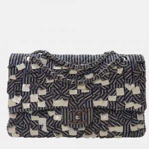 Pre Owned Chanel Blue Medium Classic Canvas Sequin Stripes Double Flap
