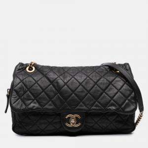 Pre Owned Chanel Black Large Quilted Iridescent Calfskin Shiva Flap