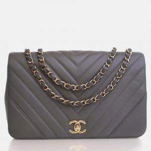 Pre Owned Chanel Statement Flap Large Grey Calfskin Shoulder Bag