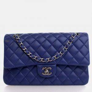 Pre Owned Chanel Classic Double Flap Medium Blue Lambskin Shoulder Bag