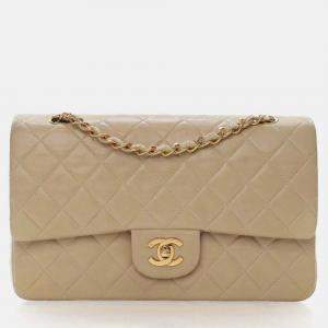 Pre Owned Chanel Classic Flap Medium Beige Lambskin Shoulder Bag