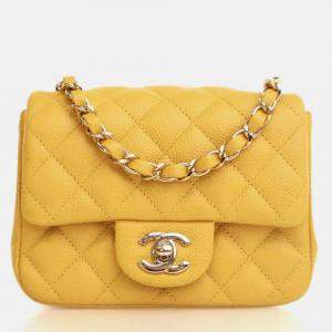 Pre Owned Chanel Classic Flap Mini Square Yellow Caviar Shoulder Bag