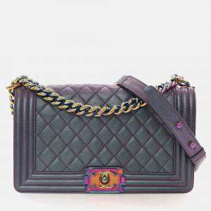 Pre Owned Chanel Boy Medium Mermaid Purple Goatskin Shoulder Bag