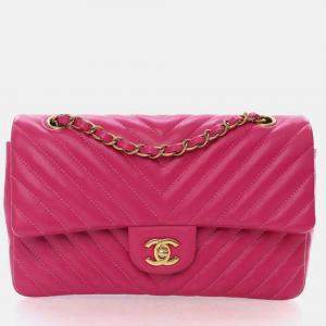 Pre Owned Chanel Classic Double Flap Medium Pink Chevron Lambskin Shoulder Bag